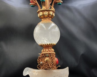 Antique Tibetan Kartika Vajra Knife: Clear Crystal Quartz, Coral & Lapis Lazuli