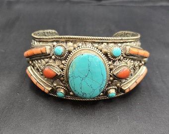 Antique Old Tibeten Vintage Silver Bangle Bracelet With Natural Big Turquoise And Coral