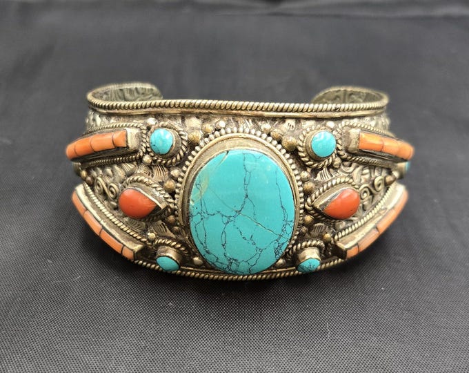 Antique Old Tibeten Vintage Silver Bangle Bracelet With Natural Big Turquoise And Coral