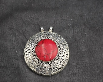 Vintage Silver Handmade Near Eastern Old Pendant With Pink Coral Stone