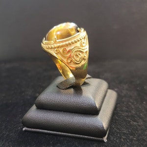 Handmade Carved Tiger Eye Ring: Antique Gold Plated Silver, Size 8.25