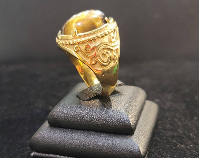 Beautiful Antique 18k Gold Plated Ring With Natural Tiger Eyes Gemstone