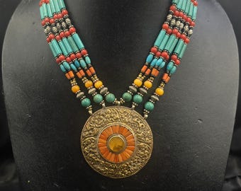 Vintage Tibetan Necklace: Silver Brass, Turquoise & Coral