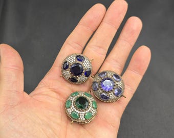 Antique Victorian Sterling Silver And Brass 3 Bead with Natural Gemstone 33mm