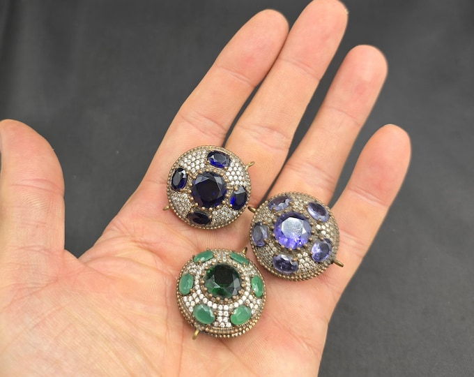 Antique Victorian Sterling Silver And Brass 3 Bead with Natural Gemstone 33mm