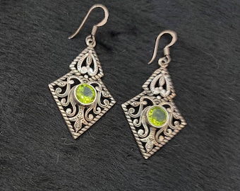 Vintage Sterling Silver Earrings: Handmade Peridot Gemstone