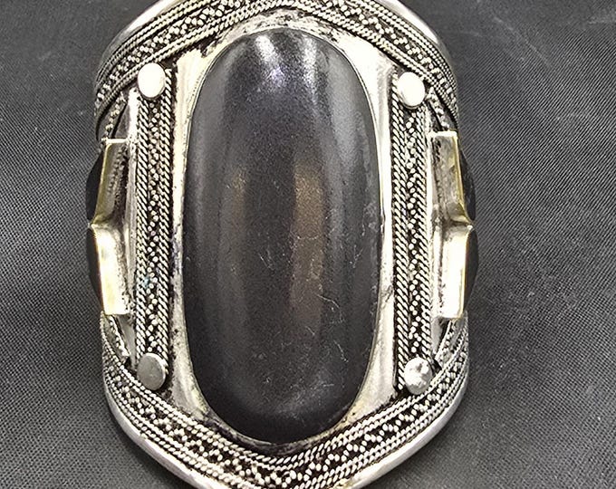 Handmade Vintage Soild Silver Lovely Afghanistan Bangle With Natural Black Agate Stone