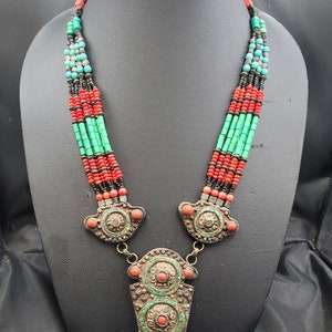 Handmade Tibetan Silver Necklace: Turquoise & Coral Boho Pendant