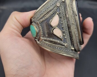 巨大なヴィンテージエジプトシルバーバングル、天然瑪瑙とイスラムの