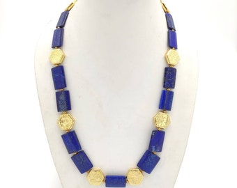 Gerogues Quality Afghanistan Lapis Lazuli Stone With Gold Gulding Beads 64cm Necklace