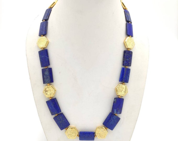 Gerogues Quality Afghanistan Lapis Lazuli Stone With Gold Gulding Beads 64cm Necklace