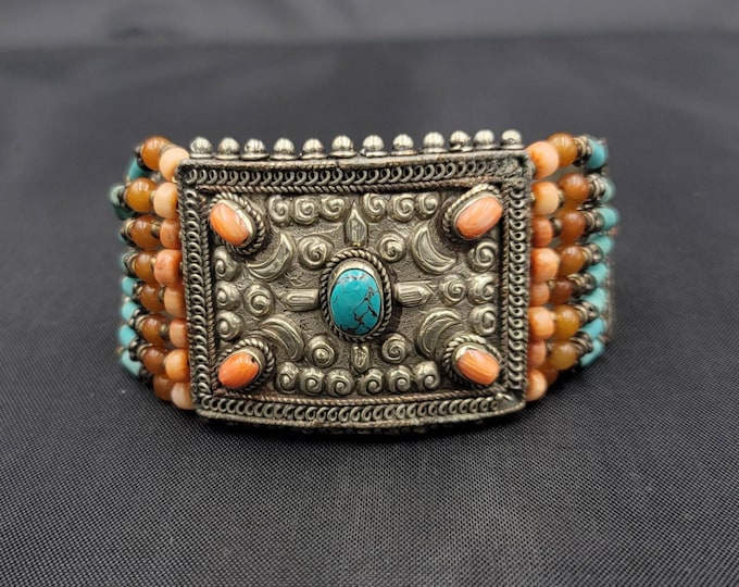 Baho Tibeten Silver Beautiful Adjustable Vintage Bracelet With Turquoise And Coral Stone