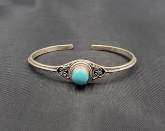 Vintage Sterling Silver Bangle: Handmade Nepaly Turquoise Bracelet