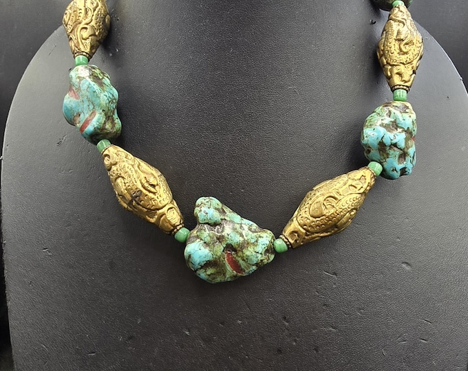 Hugh Natural Turquoise Stone With Coral Inlaid Wonderful Gold Plated Beads Necklace