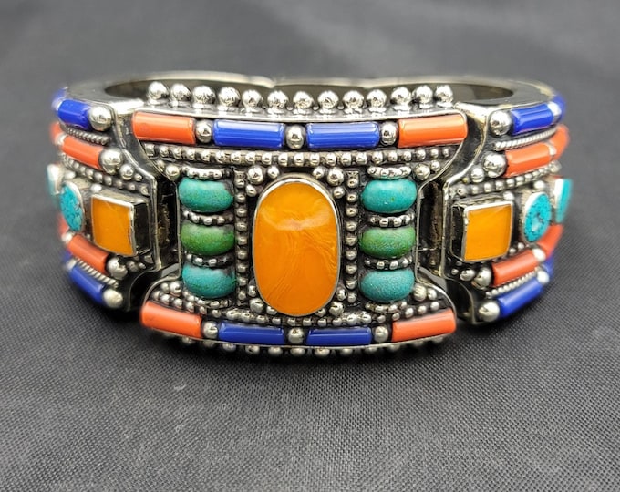 Vintage Beautiful Tibeten Silver Bangle Bracelet With Natural Yellow Copal Turquoise And Coral