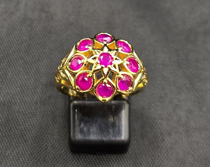Natural Ruby Handmade Vintage Silver Gold Guliting Ring Adjustable