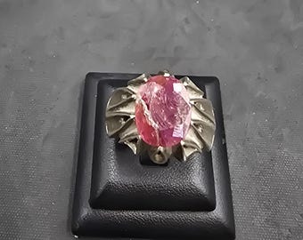 Vintage Handmade Sterling Silver Ring: Natural Red Ruby, Size 11