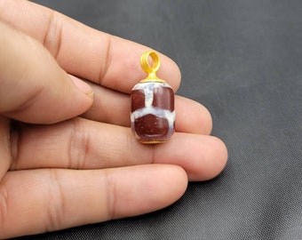 Very Old Ancient Agate Stone With White Ancient Lines Gold Gulding Pendant