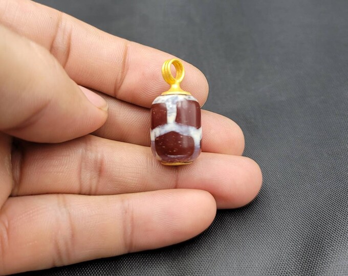 Very Old Ancient Agate Stone With White Ancient Lines Gold Gulding Pendant