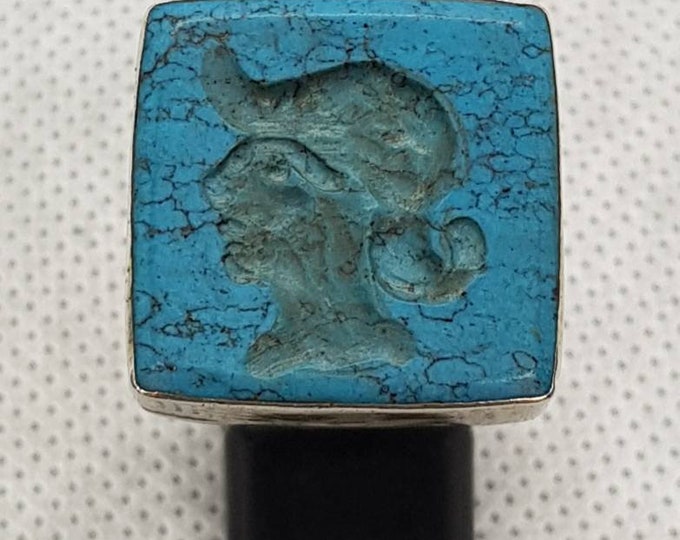 Vintage Beautiful Turquoise Stone Alexander Intaglio Seal Stamp Old Silver Ring