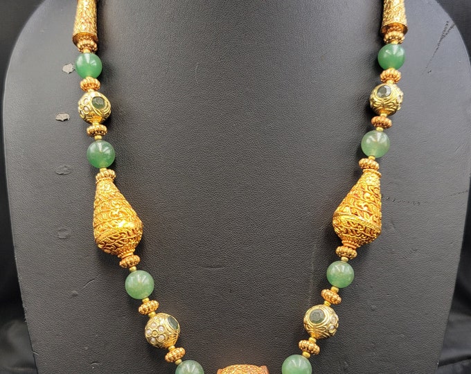 Beautiful Vintage Natural Ruby Beads Gemstone With Gold Gulding Carved Mughal Design Necklace