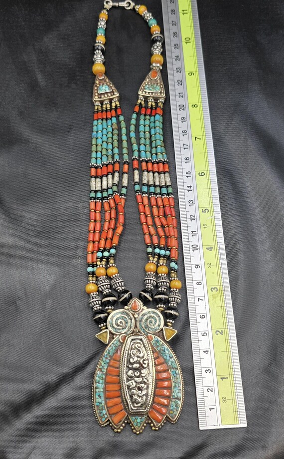 ヴィンテージチベットシルバーネックレス：ターコイズ＆コーラル