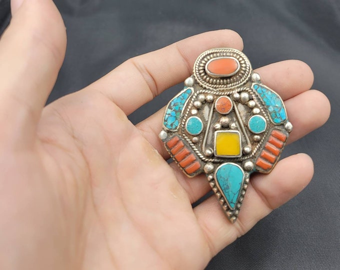 Vintage Beautiful Tibeten Silver Pendant With Natural Turquoise And Coral Stone