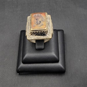 Mid Century Silver Ring: Ancient Agate Stone Roman King Intaglio, Size 8