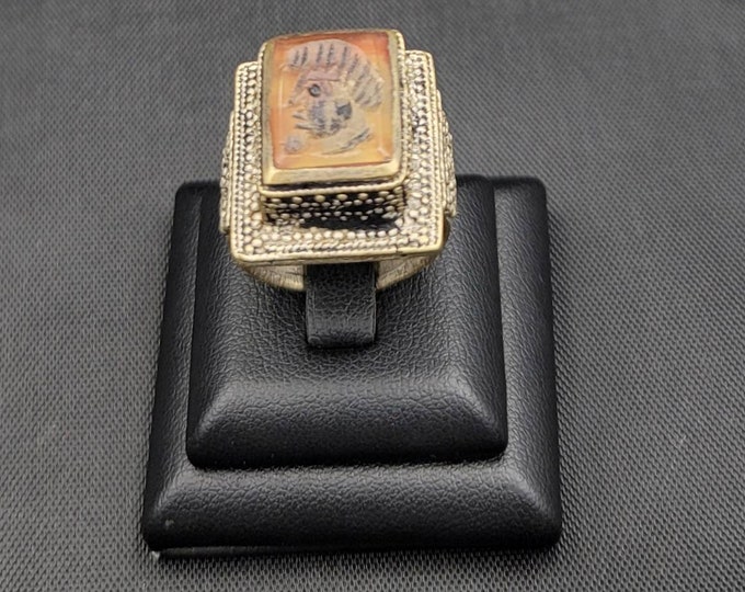 Mid Century Wonderful Unique Ring With Ancient Agate Stone Roman King Intaglio