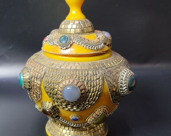 Antique Tibetan Copal Box: Turquoise, Coral & Lapis Lazuli Jewelry Box