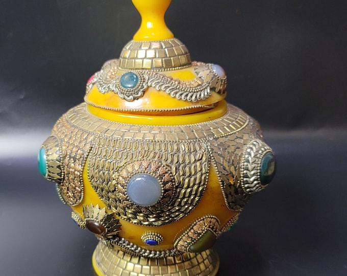 Beautiful Old Tibeten Copal Box With Turquoise Coral And Lapis Lazuli Stone Antique Box Jewelry Box Art Deco