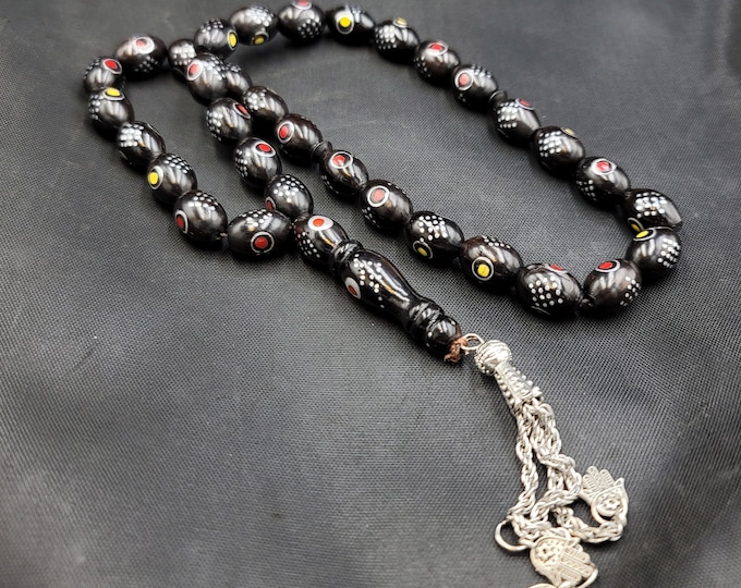 Natural Genuine Black Coral Stone Beads 32 Prayer Beads Silver Inlaid Wonderful Antique Misbah Tasbi