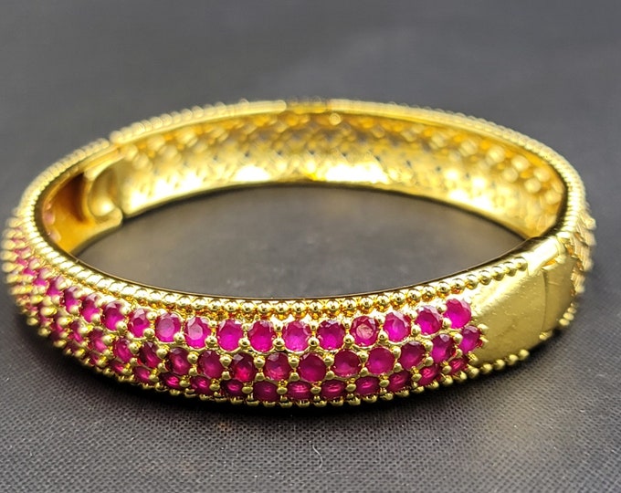 High Grade Red Ruby Gemstone Gold Over Silver Vintage Bangle Bracelet