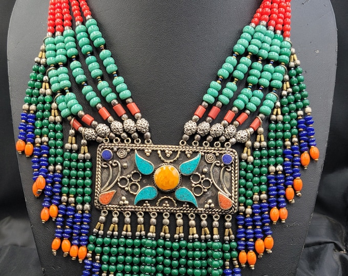 Antique Gorgeous Old Tibeten Design Silver Unique Necklace With Turquoise & Coral Stone