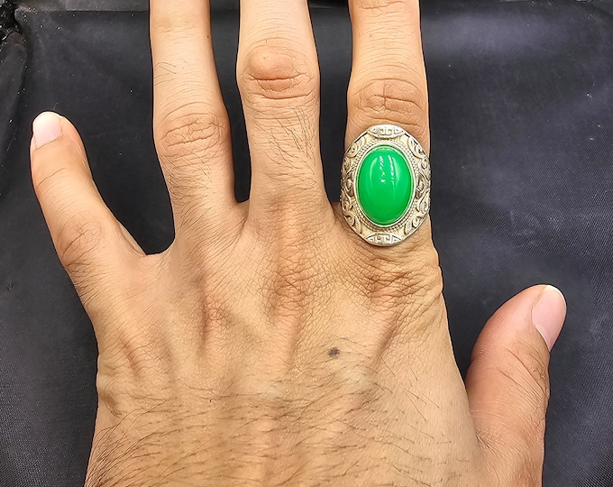 Handmade Sterling Silver Vintage Ring With Natural Green Jade Stone Free Size