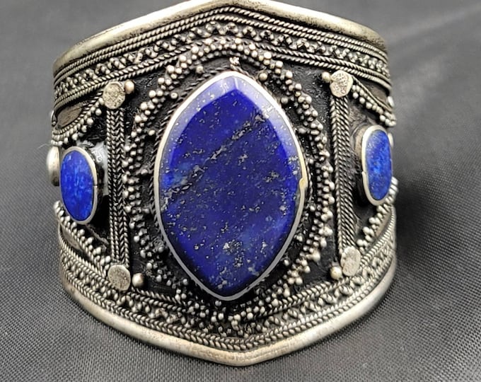 Beautiful Lapis Lazuli Vintage Silver Mid Century Bangle / Bracelet With Natural Lapis Lazuli Stone