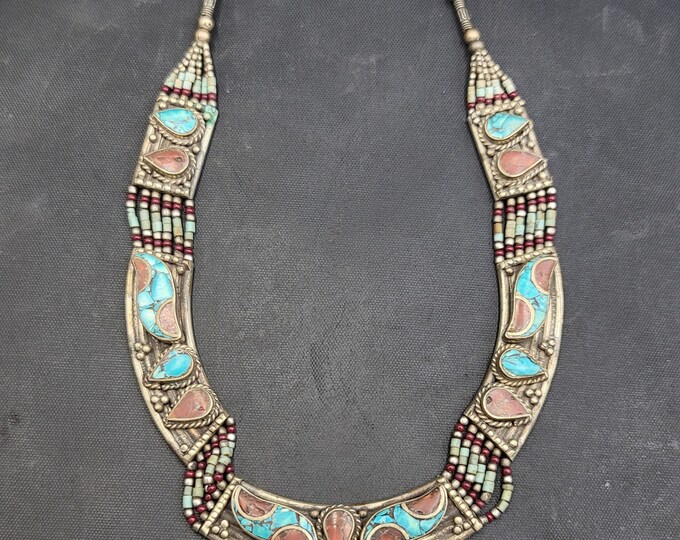 Tibeten Vintage Silver Handmade Necklace With Natural Turquoise Stone And Coral