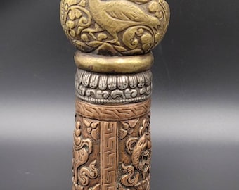 Early 19th Century Vintage Tibetan Bronze And Copper Unique Stamp Seal With Bird Carved