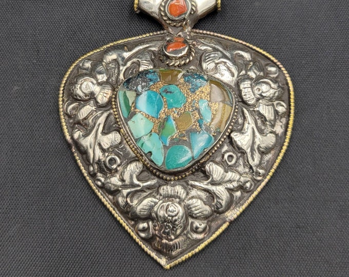 Unique Vintage Tibetan Hand Crafted Silver Pendant With Natural Turquoise Stone