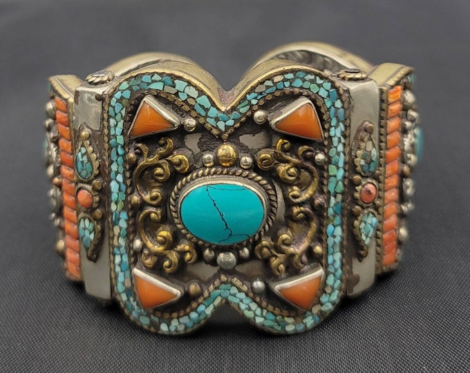 Gorgeous Vintage Baho Design Silver Tibeten Bangle With Turquoise and Coral Stone