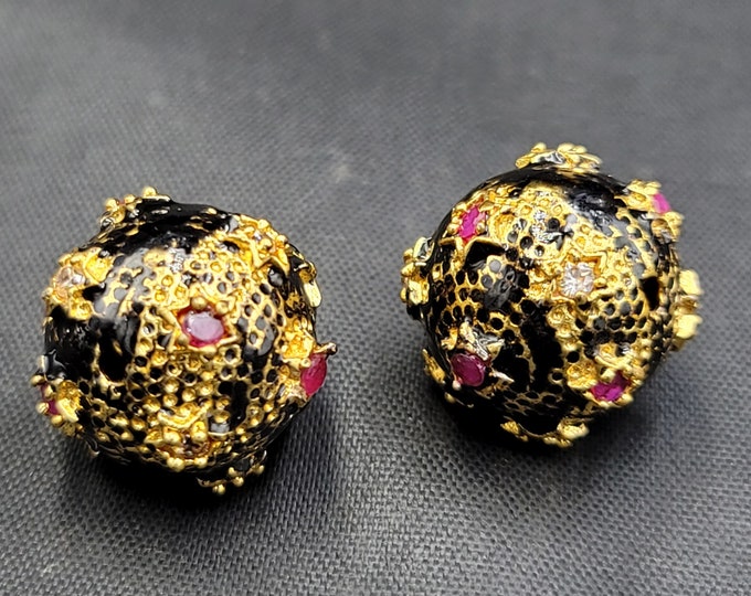 Silver Gold Gulding Round Beads Oxidising Silver With Natural Ruby Gemstone