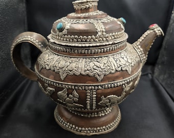Unique Tibeten Copper And Silver Art Wonderful Teapot With Natural Turquoise And Coral Art Deco