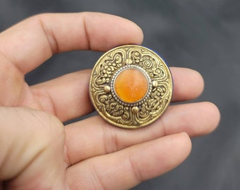Vintage Tibetan Silver Bronze Pendant: Carved Carnelian Lapis Lazuli Bead (50mm)
