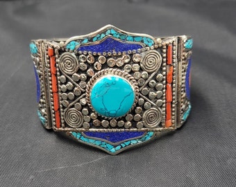 Vintage Old Tibeten Silver Bangle Bracelet With Natural Turquoise & Lapis Lazuli