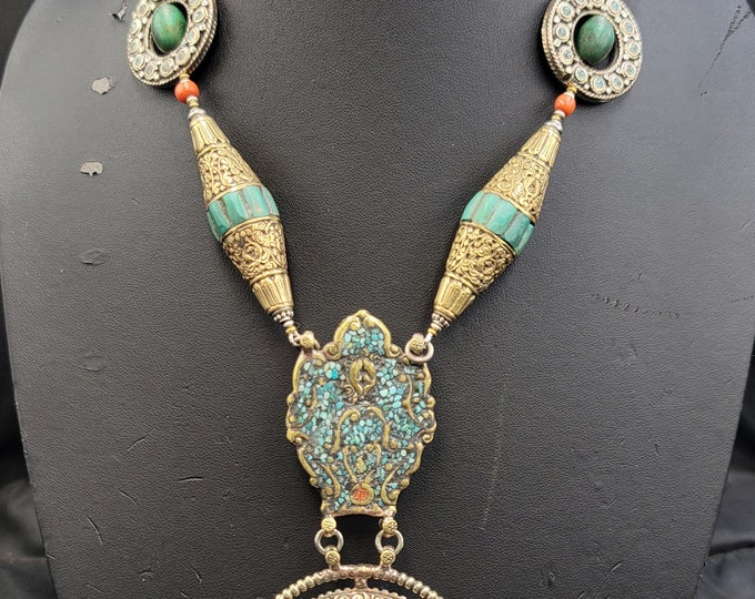 Vintage Antique Silver Quality Boho Tibeten Turquoise And Coral Old Silver Necklace