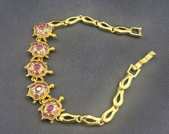 Vintage 20k Gold Over Silver Turtle Bracelet with Ruby Gemstones