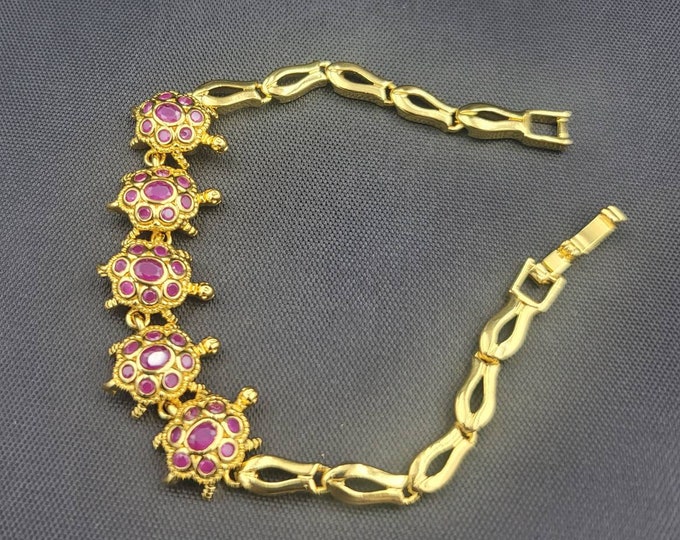 Vintage Beautiful 20k Gold Over Silver Barclet With Turtle On And Natural Ruby Gemstones