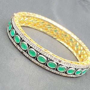 Gorgeous Green Emerald Gemstone Gold Over Silver Vintage Bangle Bracelet