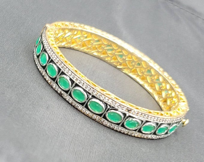 Gorgeous Green Emerald Gemstone Gold Over Silver Vintage Bangle Bracelet