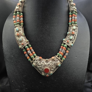 Vintage Handmade Sterling Silver Tibetan Necklace: Turquoise & Coral